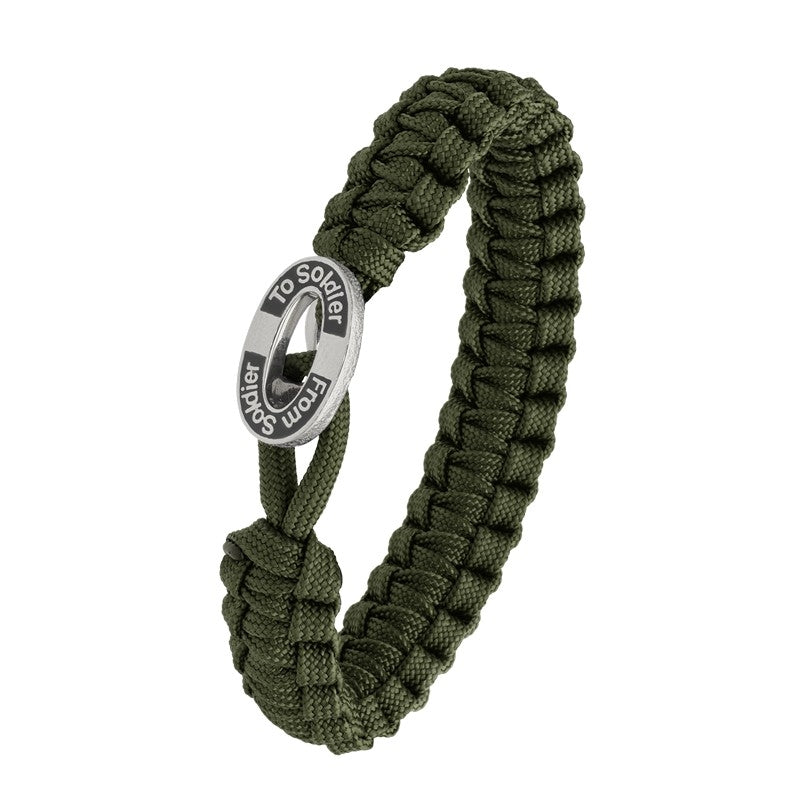 From Soldier To Soldier armbånd i grøn faldskærmsline med sølvlås og sort emalje